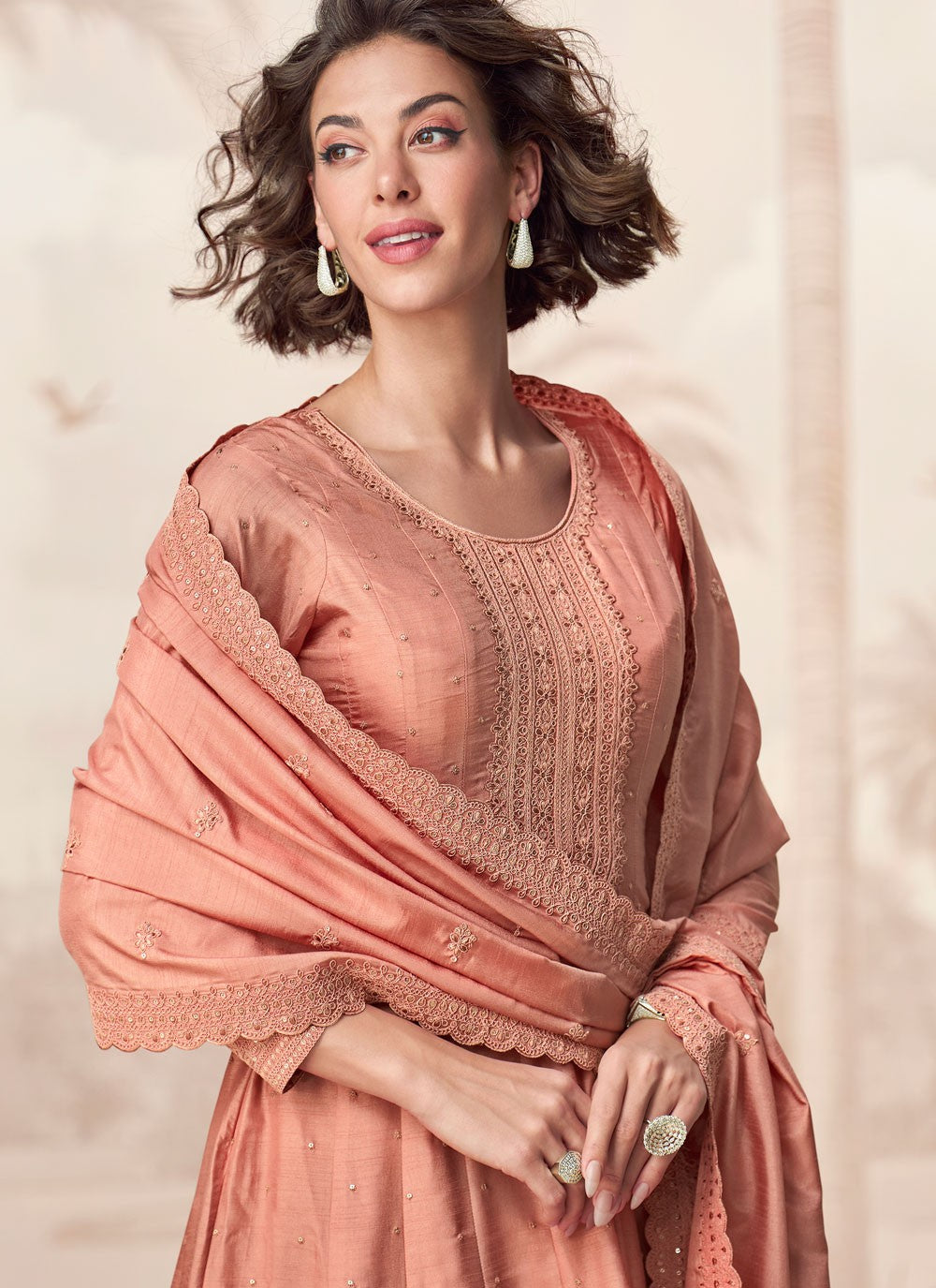 Embroidered Silk Peach Gown G19821