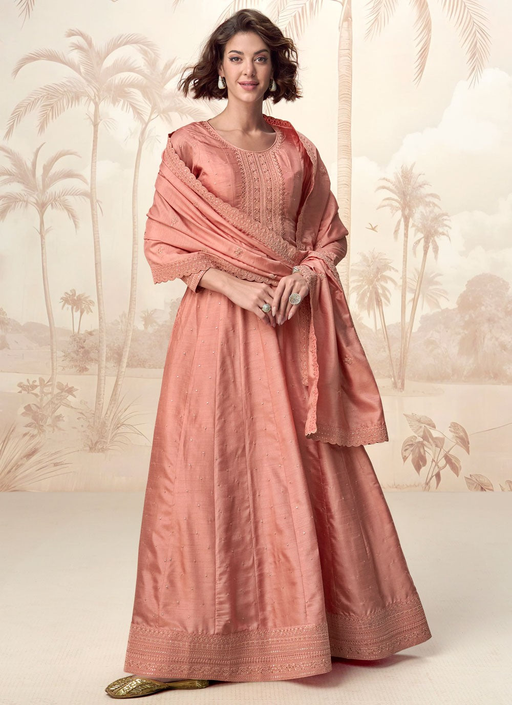 Embroidered Silk Peach Gown G19821
