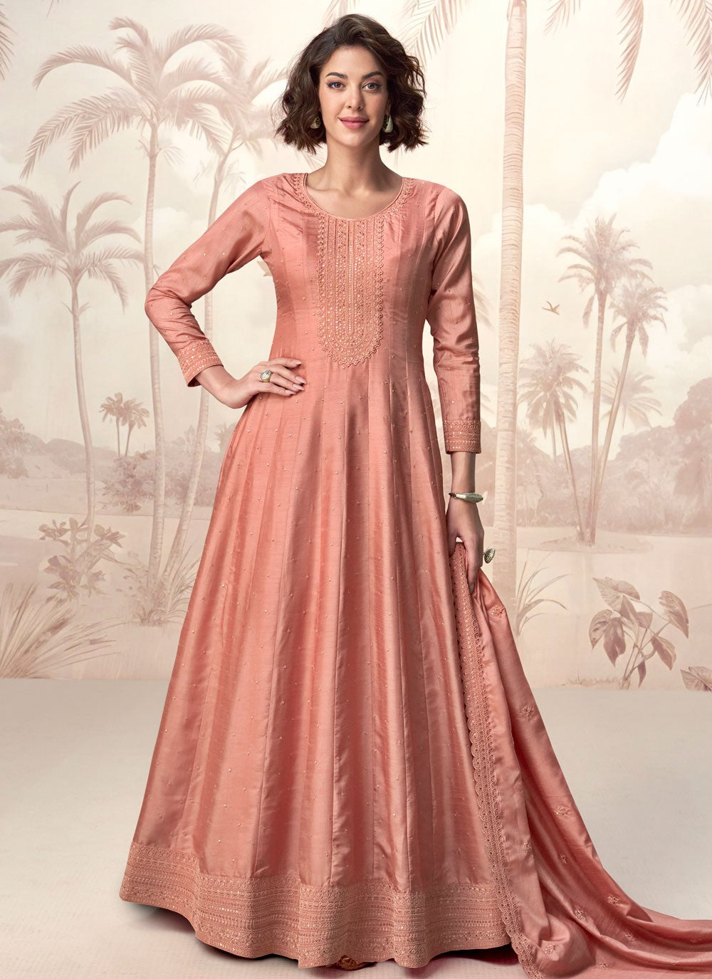 Embroidered Silk Peach Gown G19821