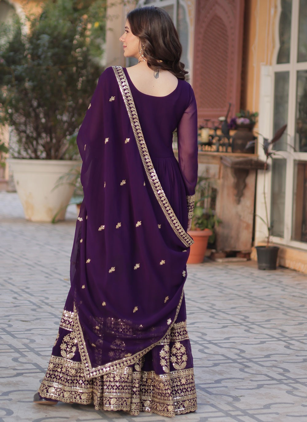 Embroidered Faux Georgette Purple Gown G19789