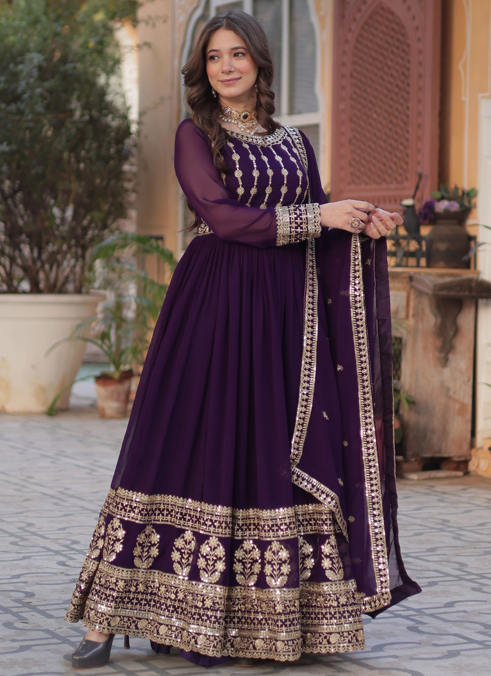 Embroidered Faux Georgette Purple Gown G19789