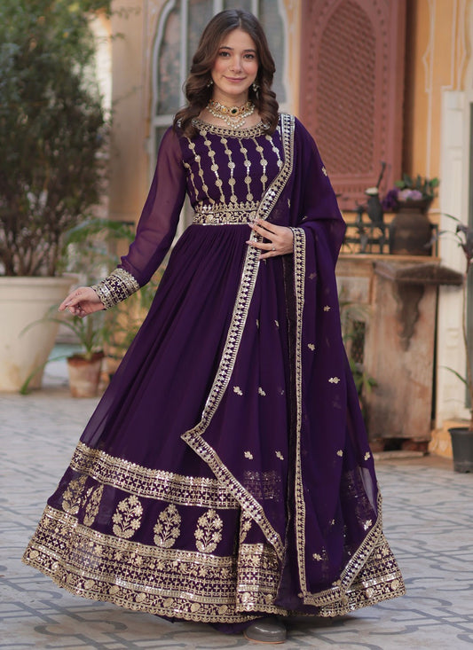 Embroidered Faux Georgette Purple Gown G19789