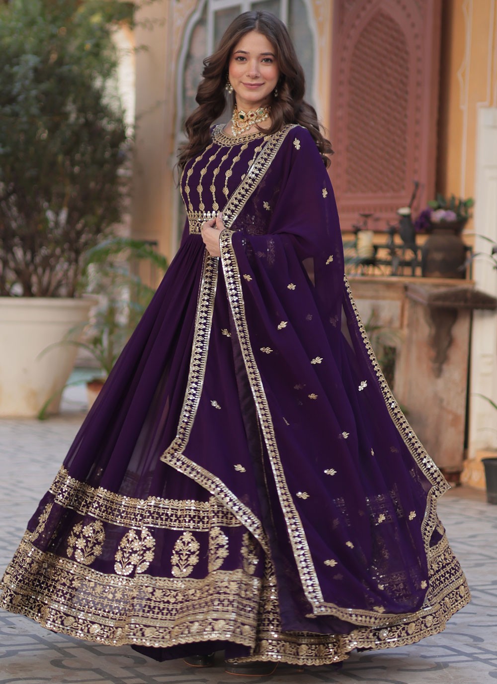 Embroidered Faux Georgette Purple Gown G19789