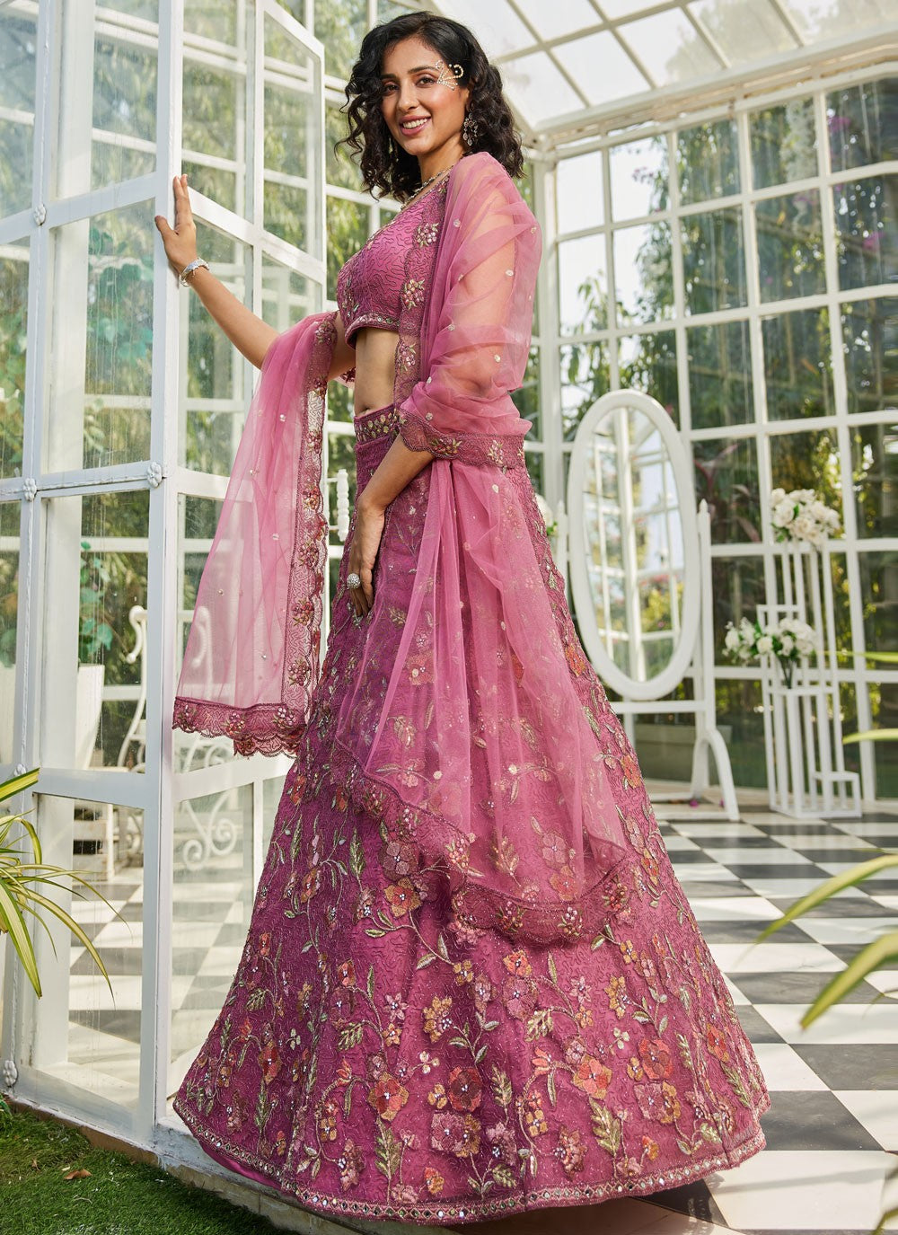 Beads Net Pink Lehenga - L3376