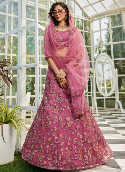 Beads Net Pink Lehenga - L3376
