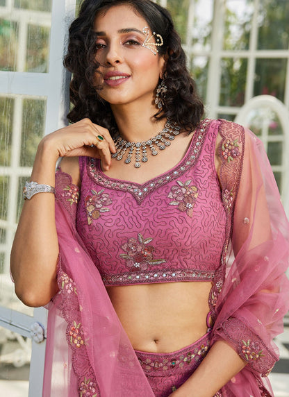 Beads Net Pink Lehenga - L3376