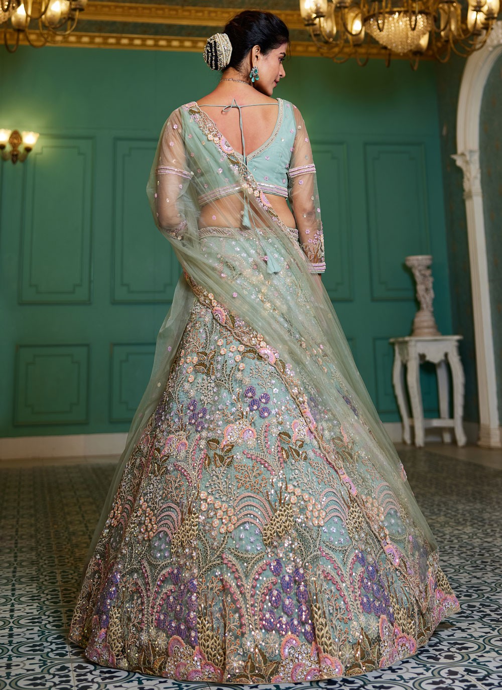 Embroidered Net Turquoise Lehenga - L3362