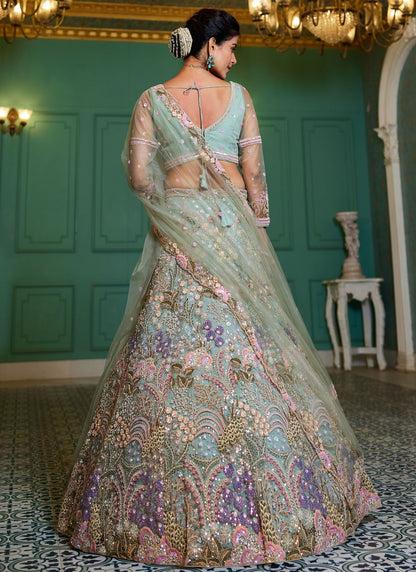 Embroidered Net Turquoise Lehenga - L3362