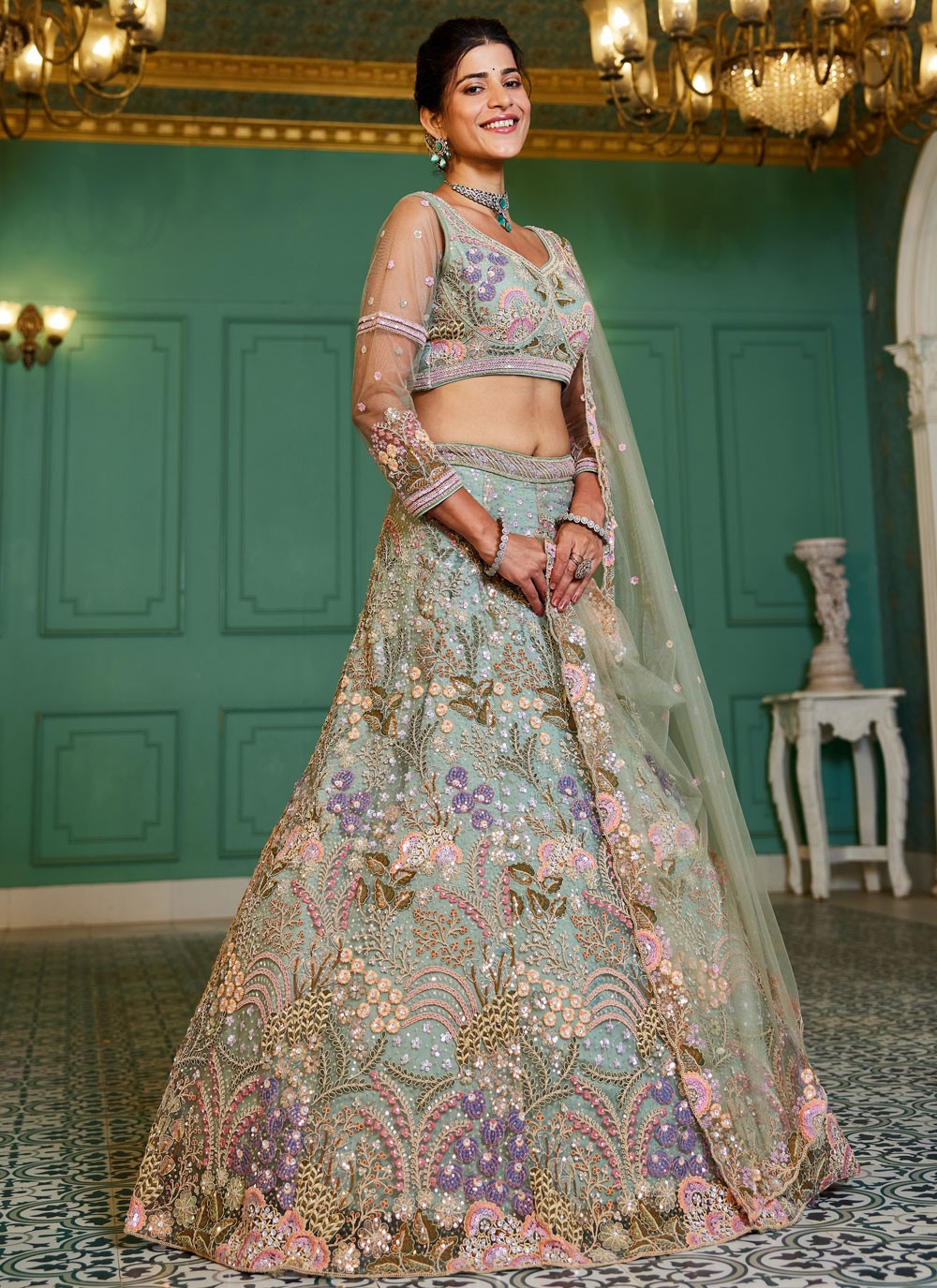 Embroidered Net Turquoise Lehenga - L3362