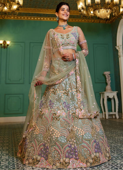 Embroidered Net Turquoise Lehenga - L3362