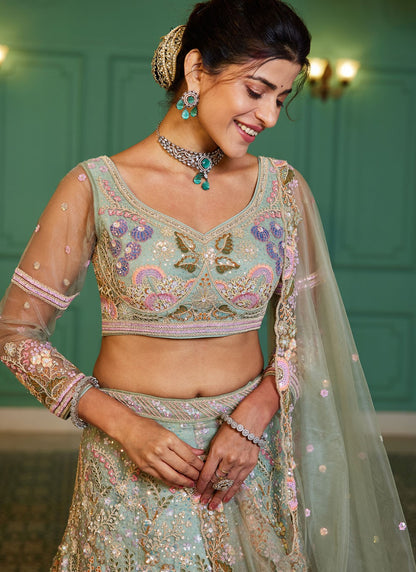 Embroidered Net Turquoise Lehenga - L3362
