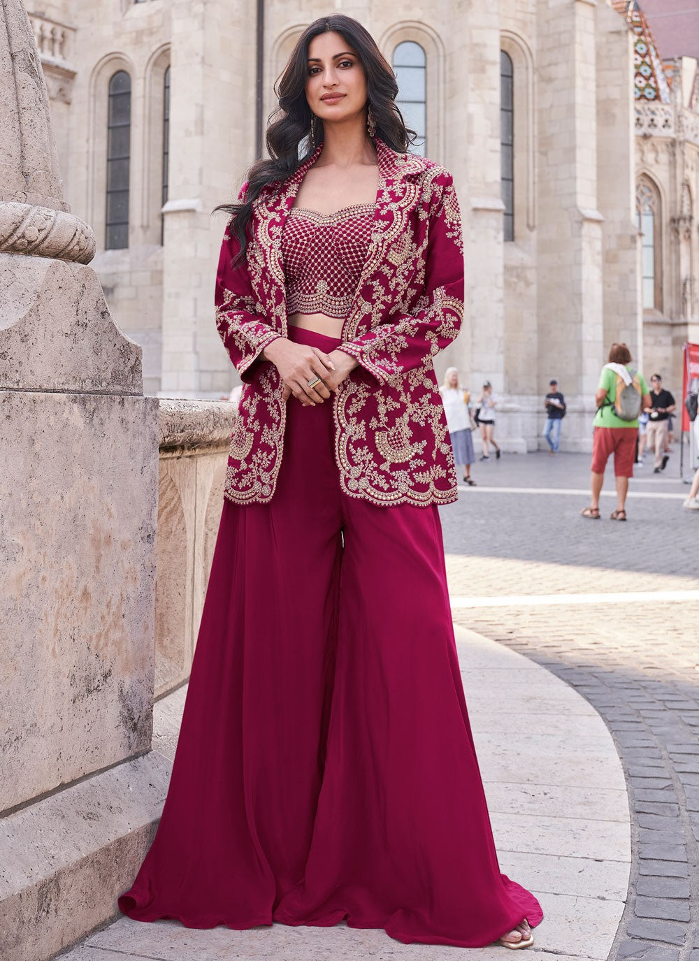Palazzo Suit Embroidered Pink Silk T5425