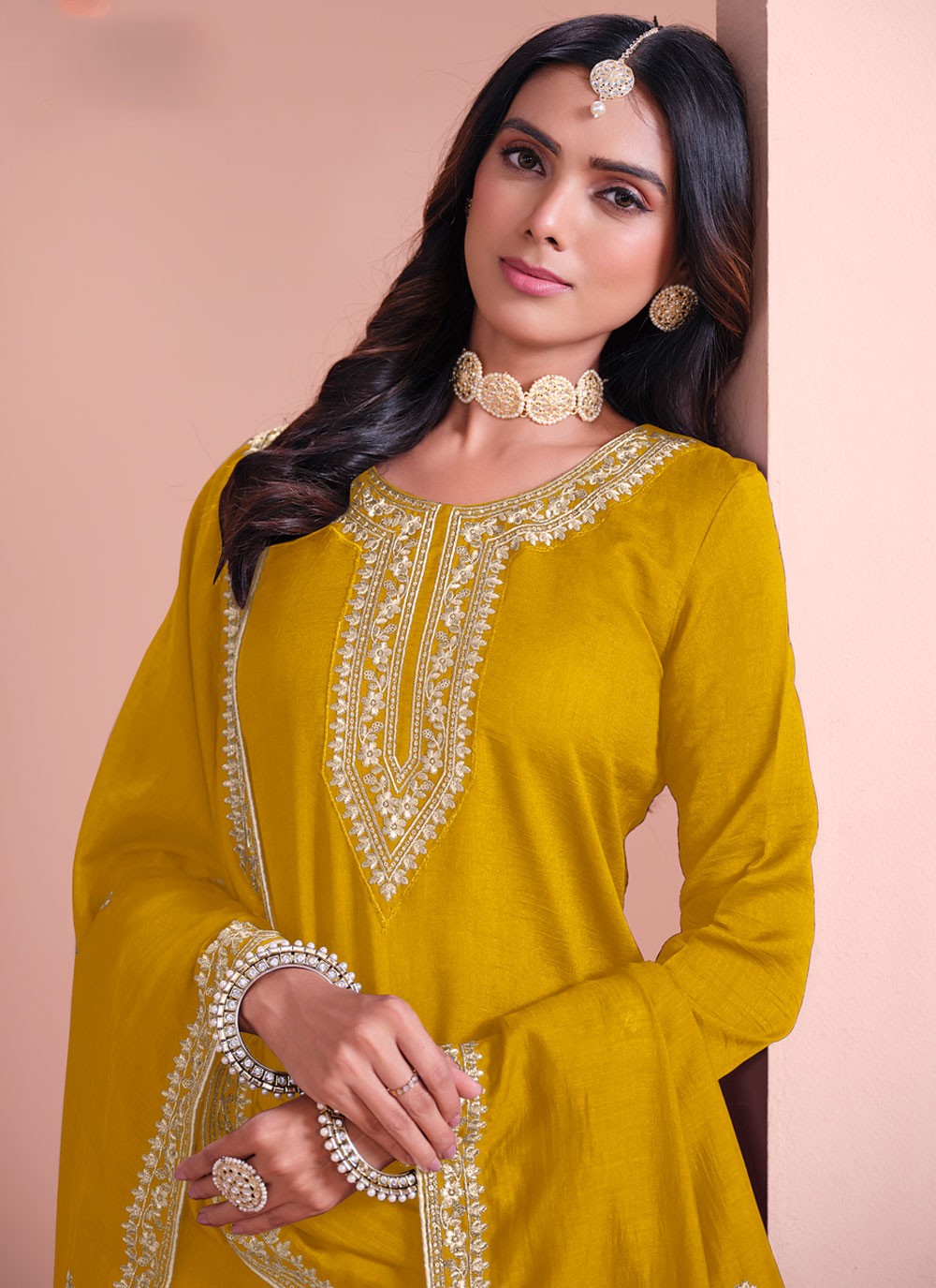 Embroidered Art Silk Mustard Salwar Suit T5993