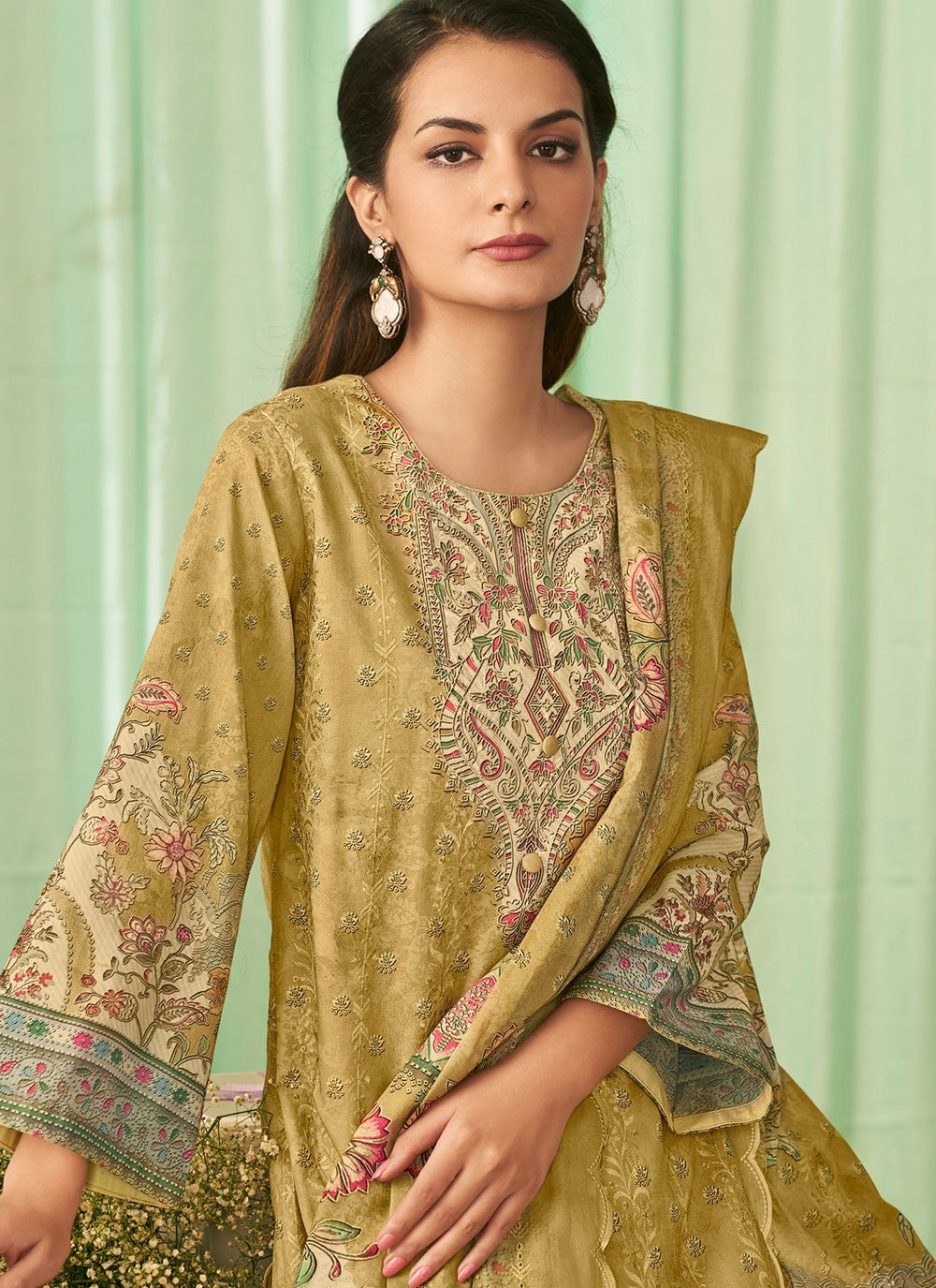 Pant Style Suit Digital Print, Embroidered, Resham Thread Work Yellow T8125