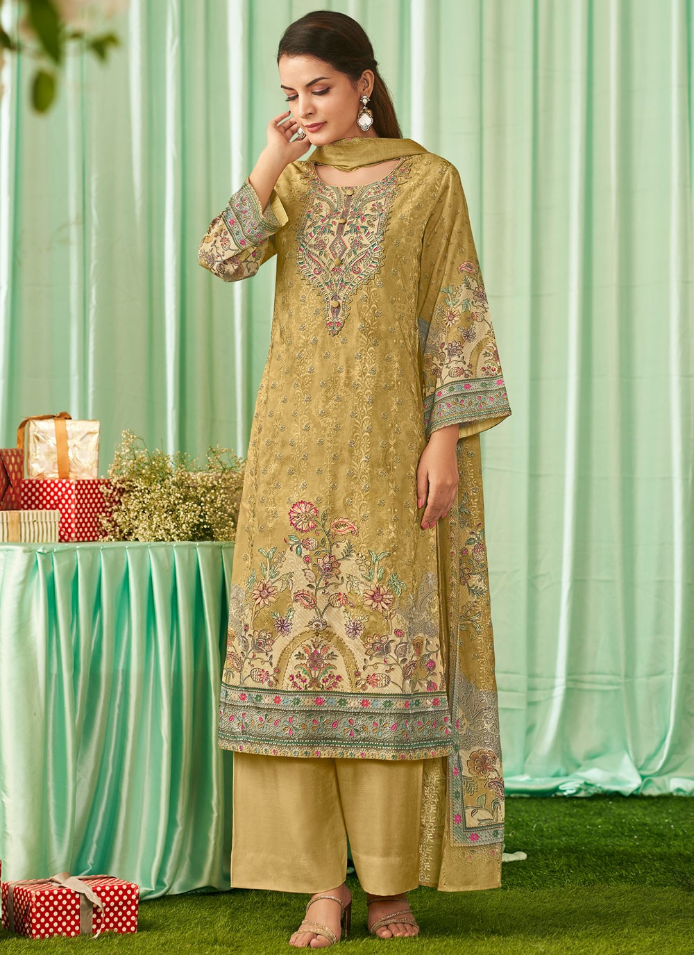 Pant Style Suit Digital Print, Embroidered, Resham Thread Work Yellow T8125