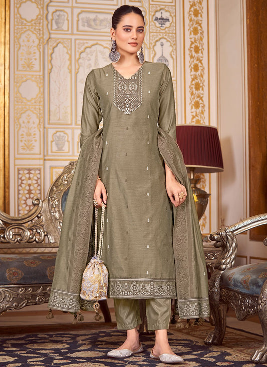 Embroidered Silk Blend Grey Salwar Suit T5928