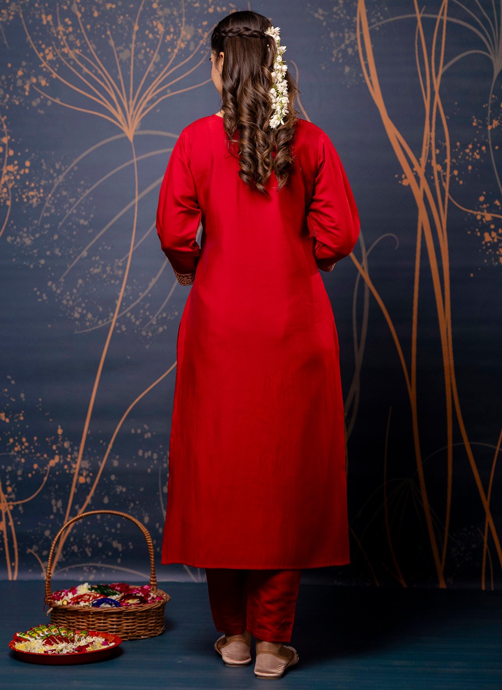 Pant Style Suit Embroidered, Zari Red T7311