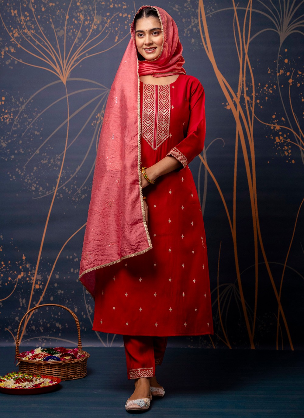 Pant Style Suit Embroidered, Zari Red T7311