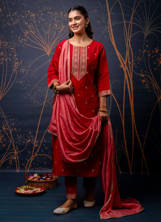 Pant Style Suit Embroidered, Zari Red T7311