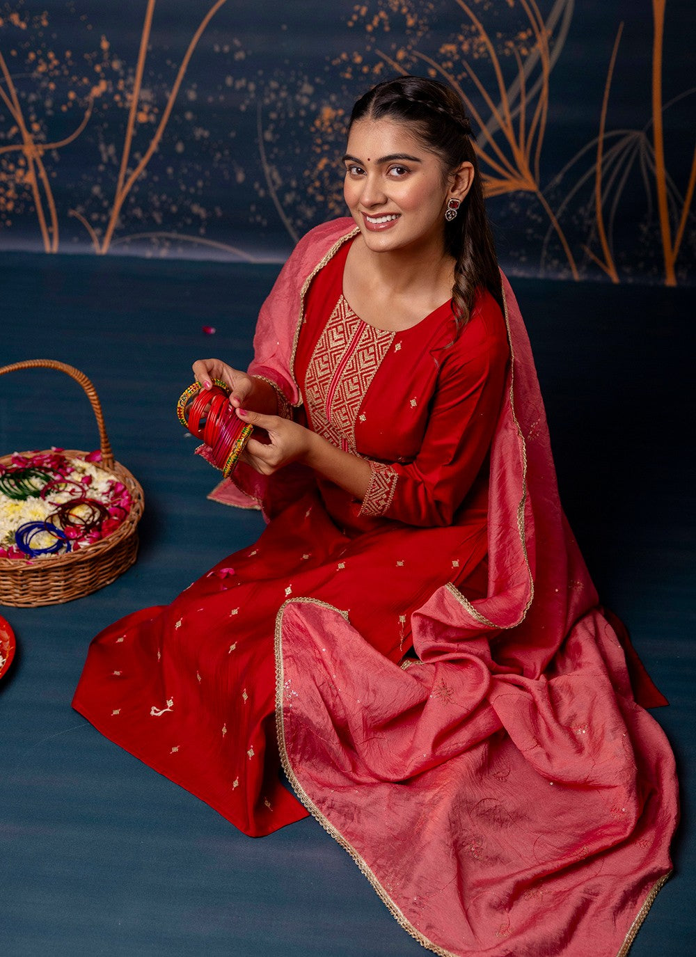 Pant Style Suit Embroidered, Zari Red T7311