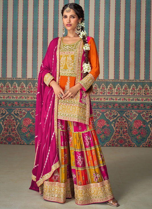 Salwar Suit Embroidered Orange Chinon T5739