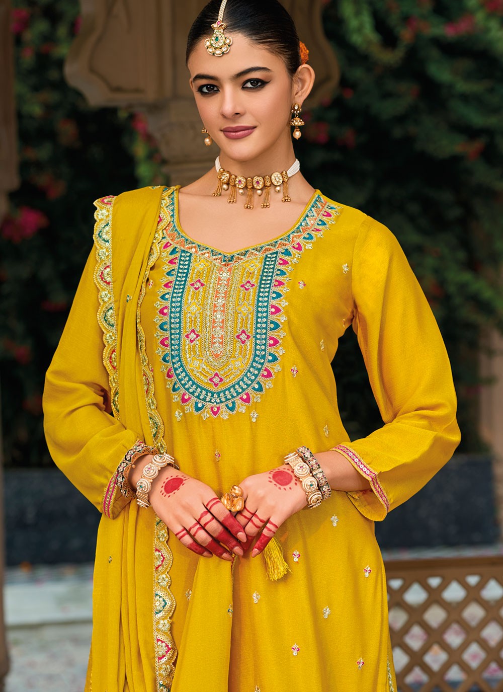 Salwar Suit Embroidered Mustard Chinon T5268