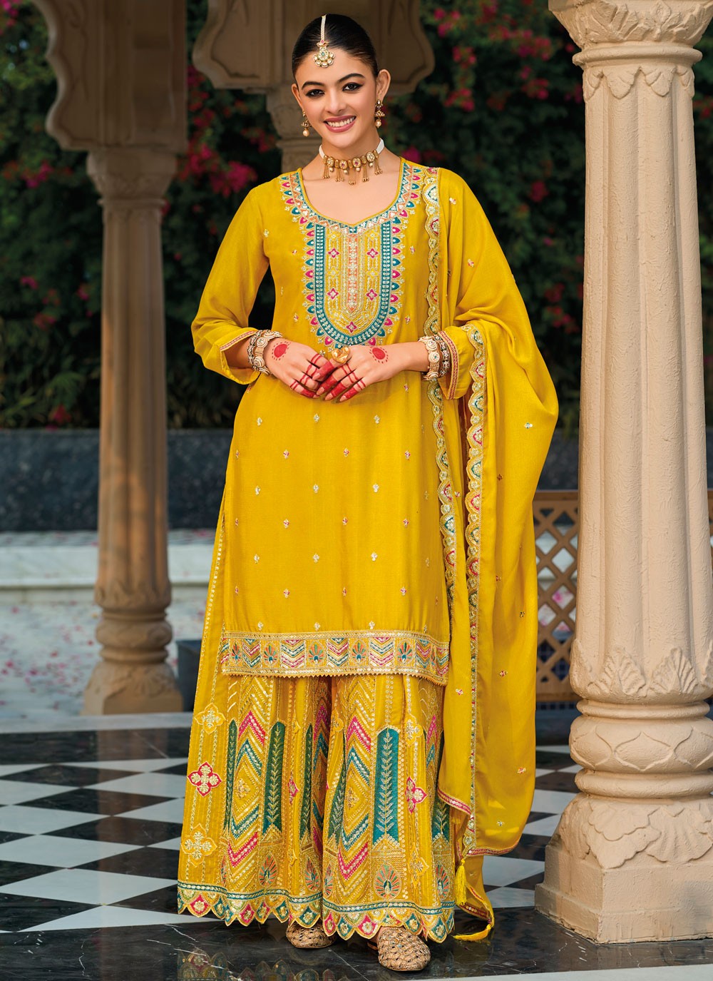 Salwar Suit Embroidered Mustard Chinon T5268
