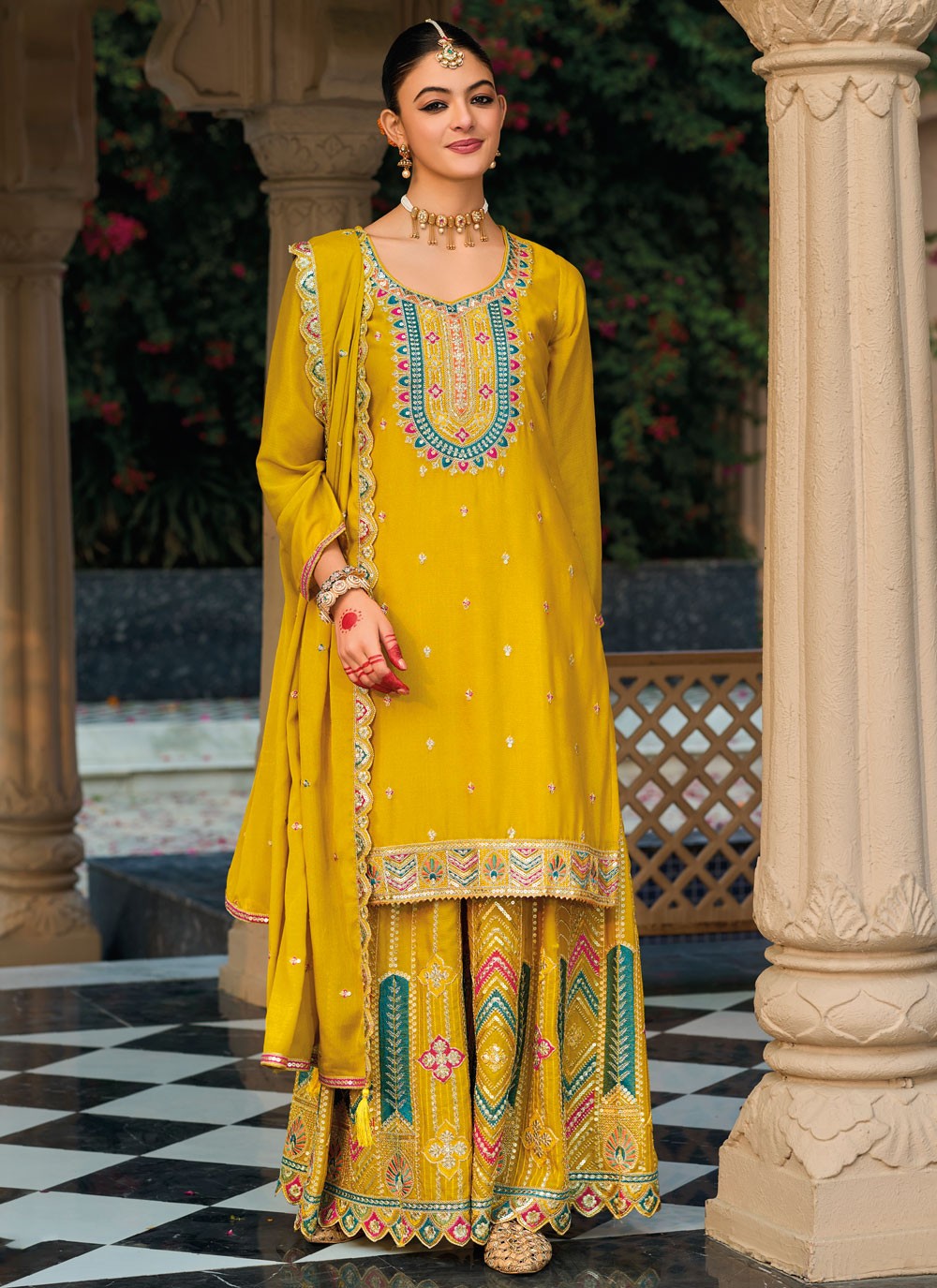 Salwar Suit Embroidered Mustard Chinon T5268
