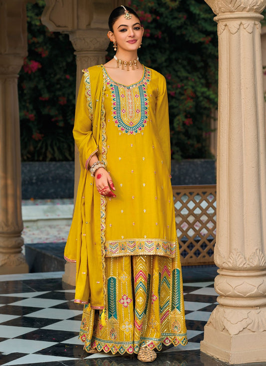 Salwar Suit Embroidered Mustard Chinon T5268