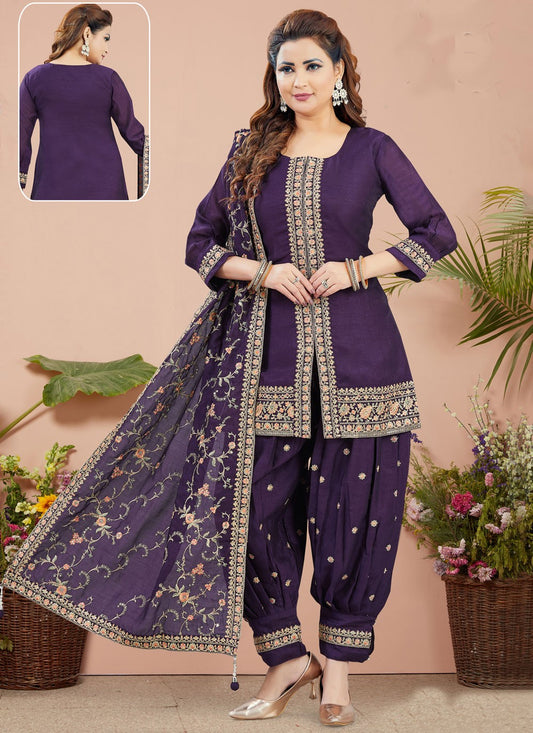 Salwar Suit Weaving Zari Violet Silk T5234