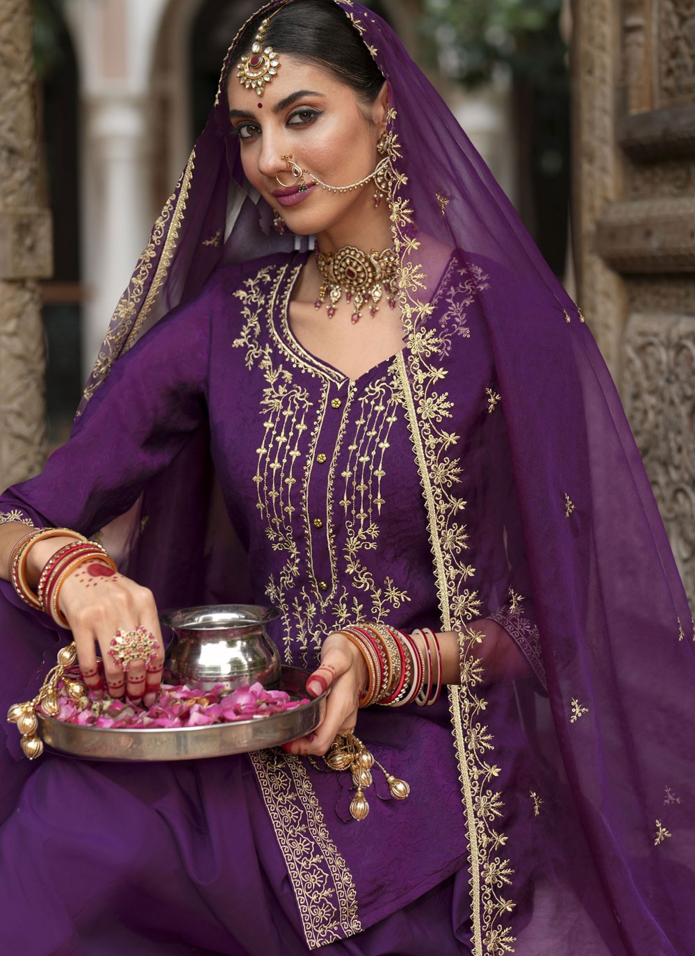 Dhoti Style Patiala Suit Embroidered, Resham Purple T7845