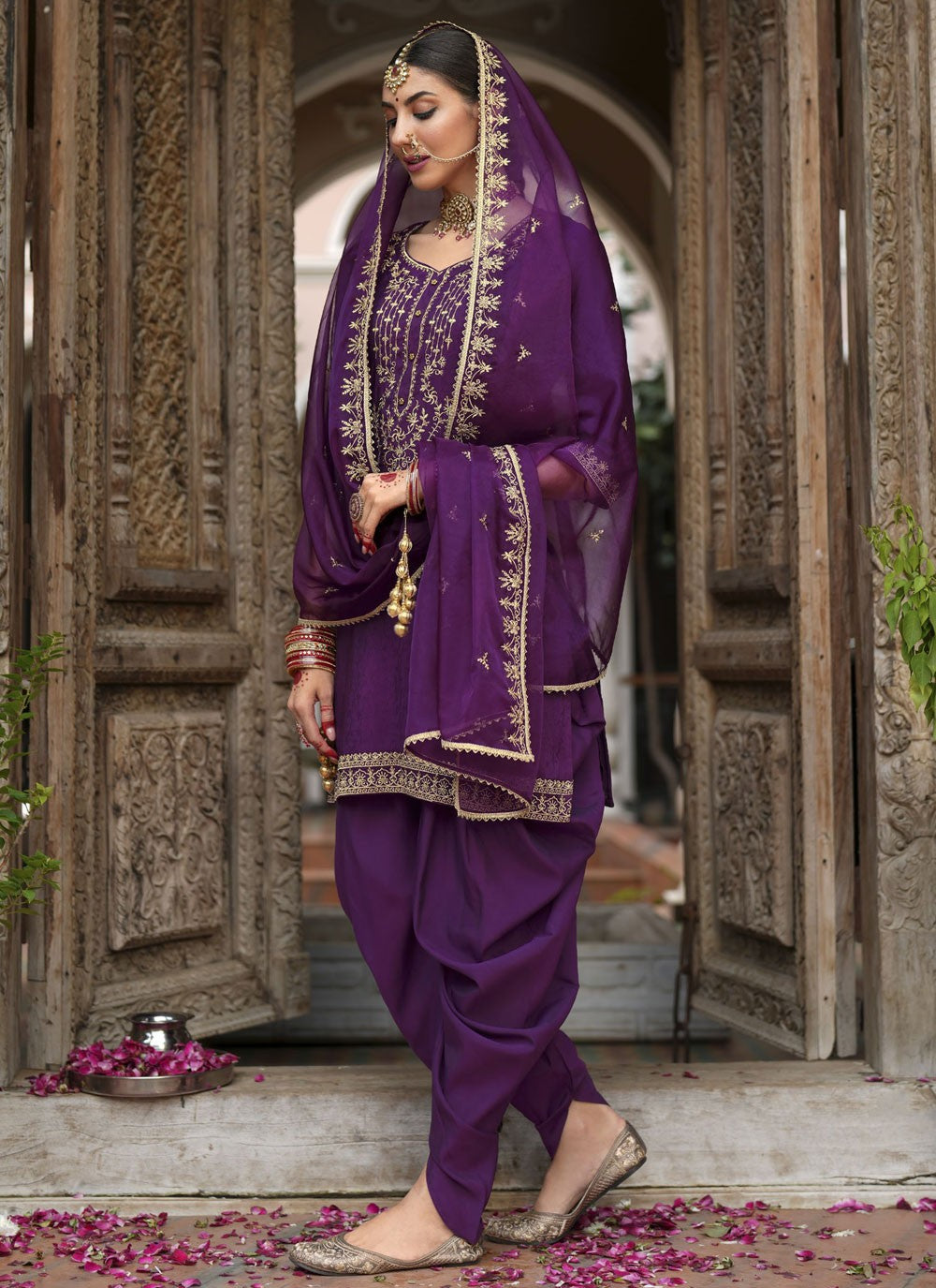Dhoti Style Patiala Suit Embroidered, Resham Purple T7845