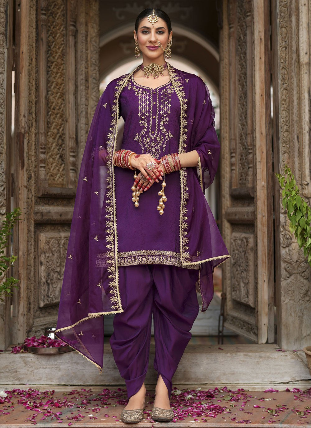 Dhoti Style Patiala Suit Embroidered, Resham Purple T7845