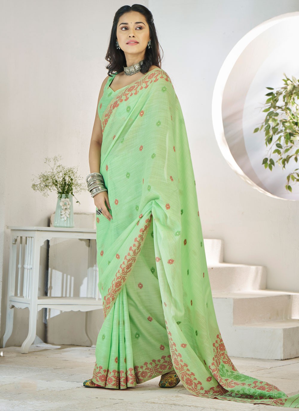 Aari Work Linen Green Saree S14138
