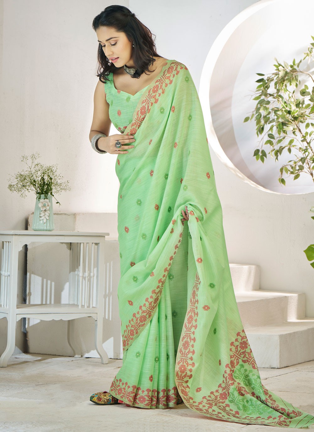 Aari Work Linen Green Saree S13902