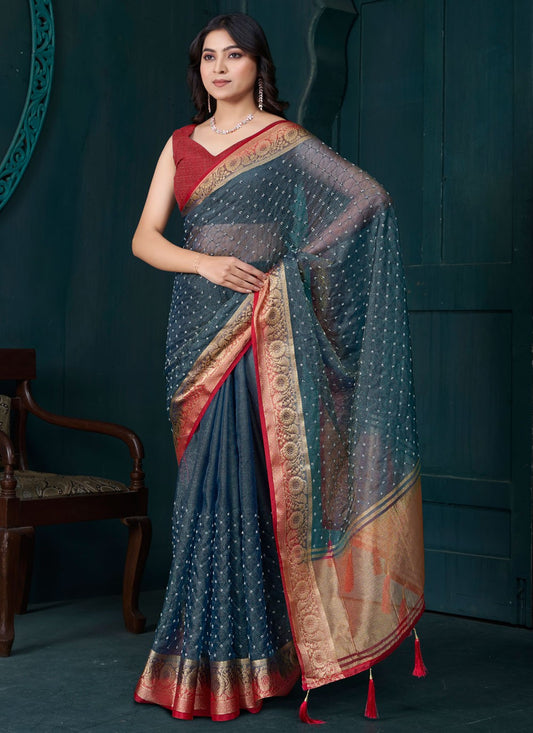 Beads Jacquard Grey Designer Saree S15057