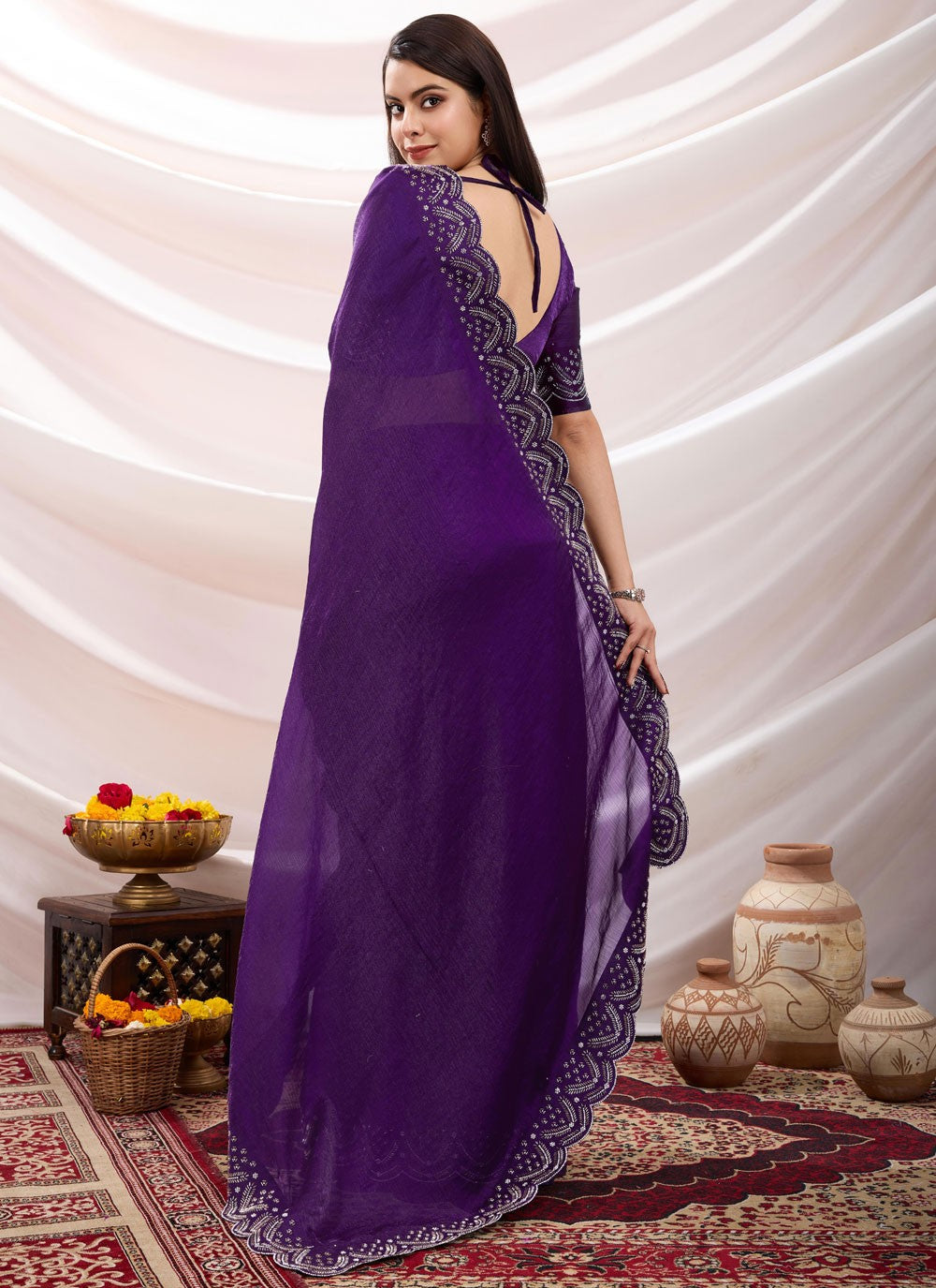 Designer Beads Purple Chiffon Saree S13405