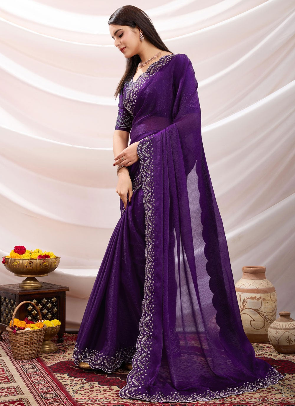Designer Beads Purple Chiffon Saree S13405