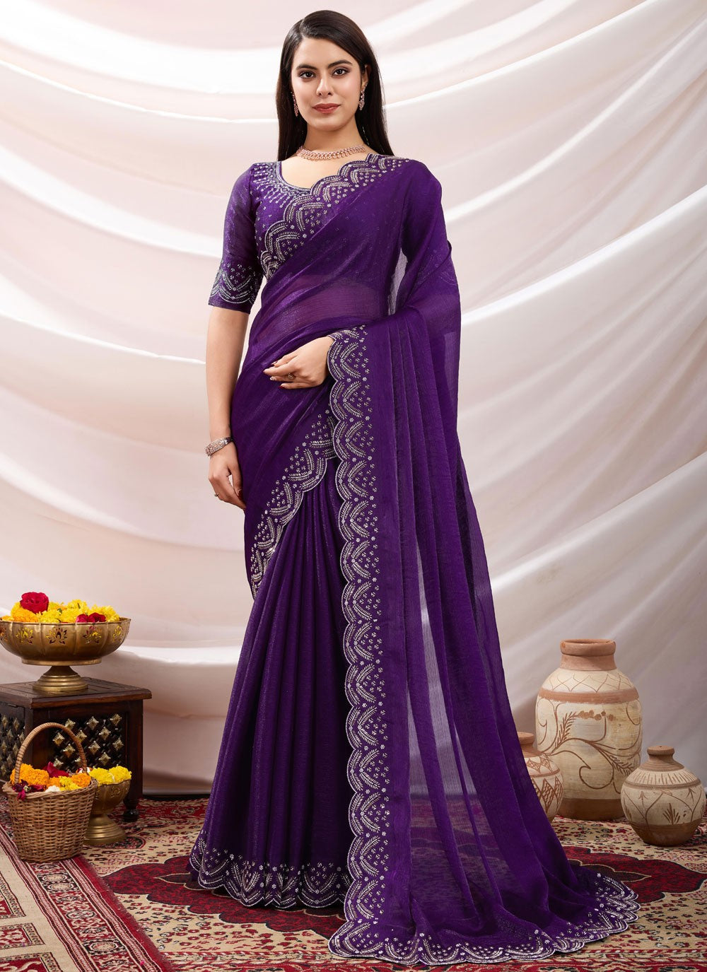Designer Beads Purple Chiffon Saree S13405