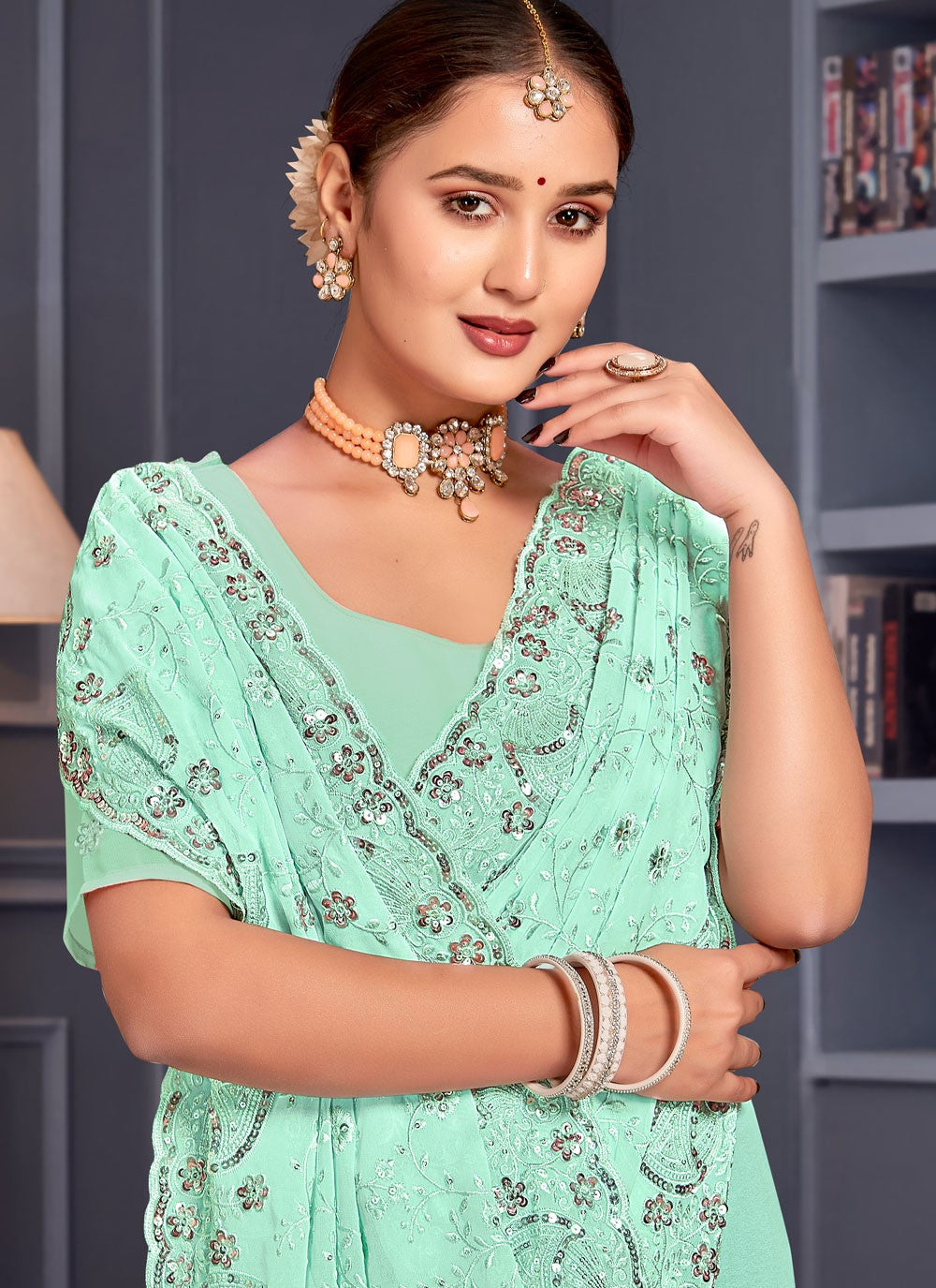 Embroidered Georgette Firozi Saree S14656