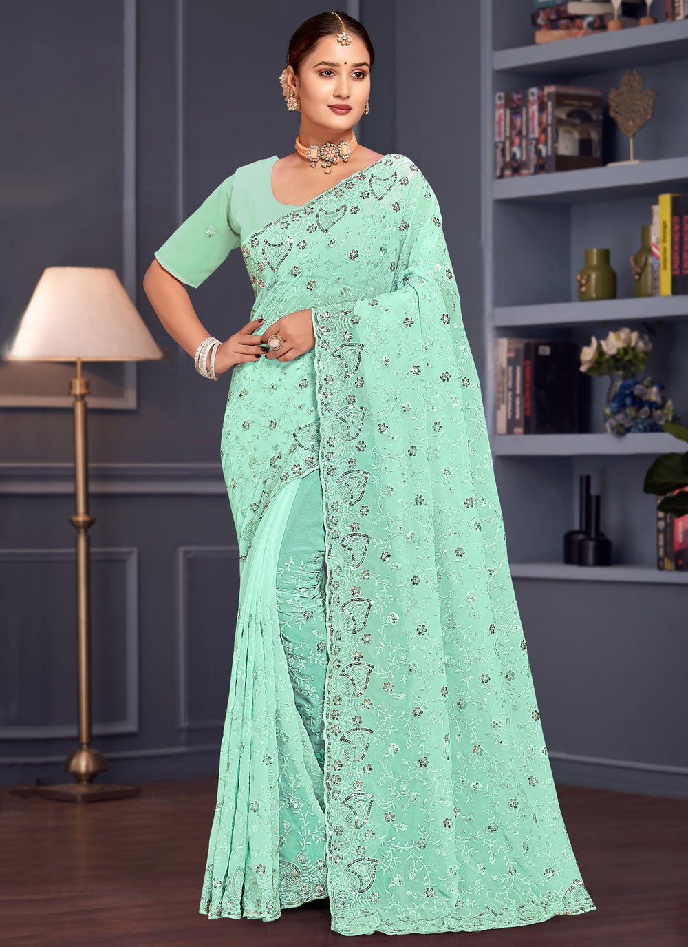 Embroidered Georgette Firozi Saree S14656