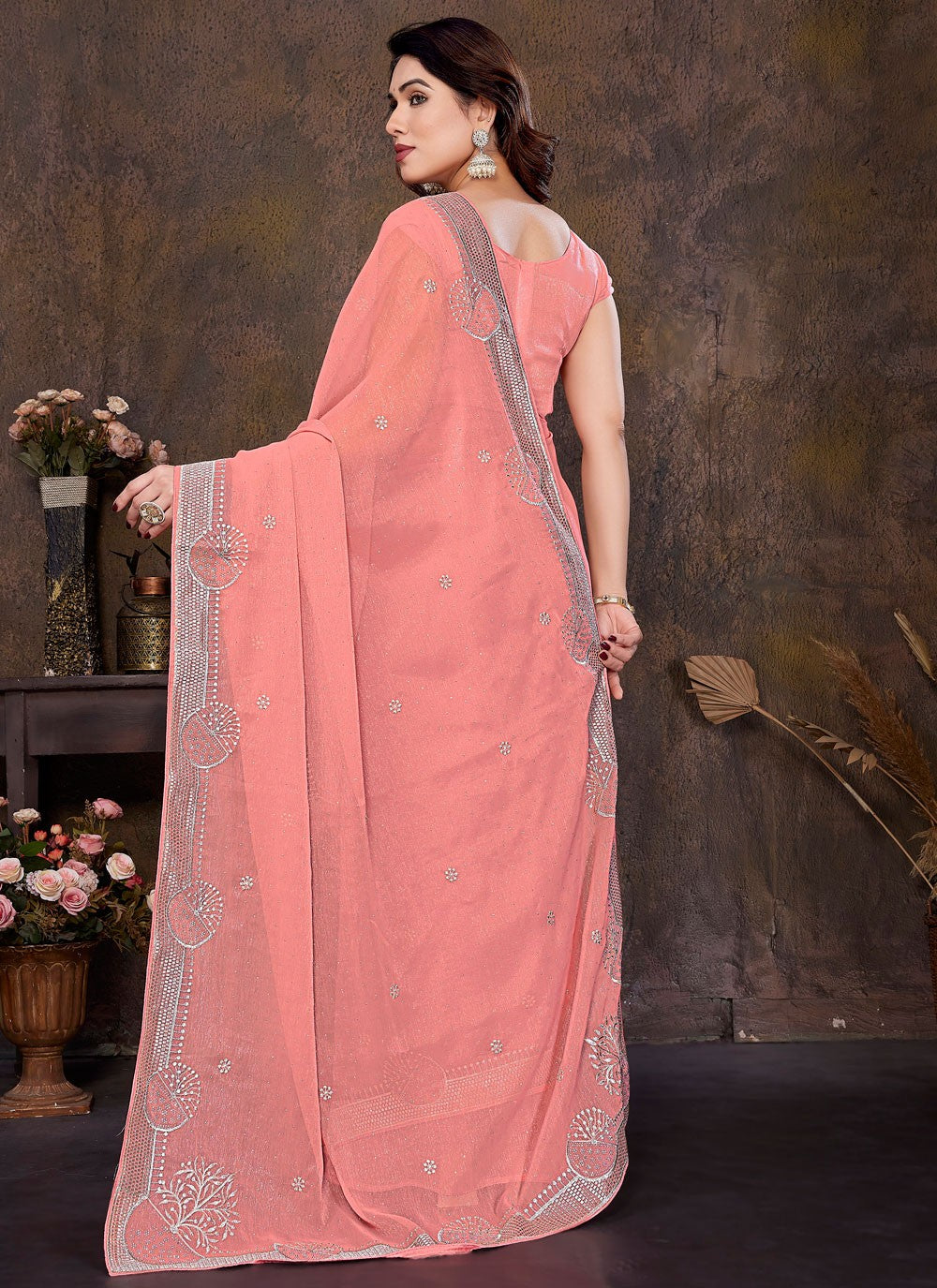 Embroidered Shimmer Pink Designer Saree S15000