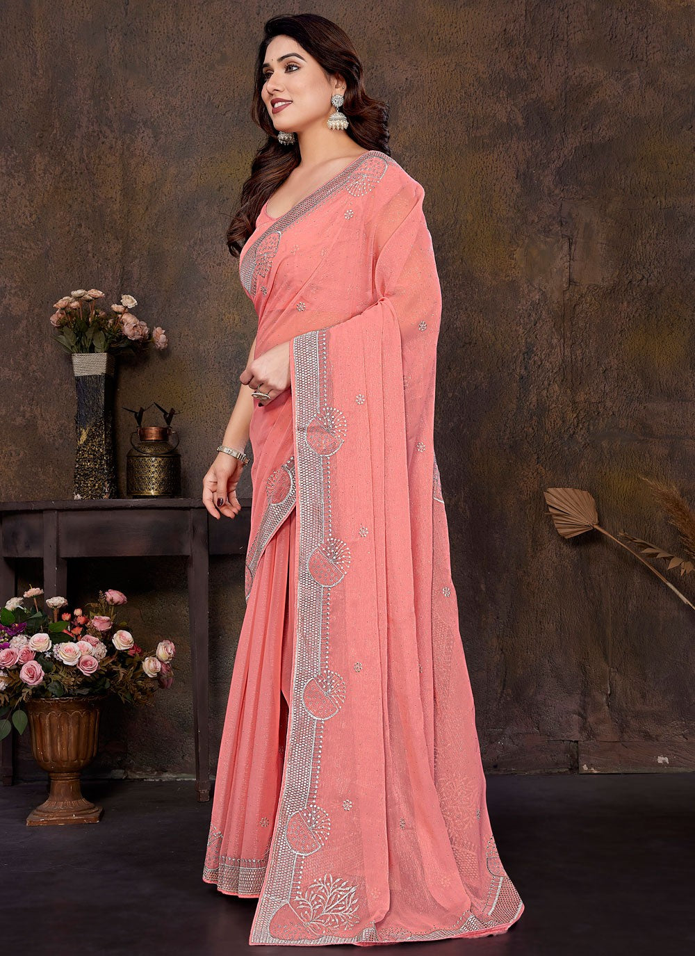 Embroidered Shimmer Pink Designer Saree S15000