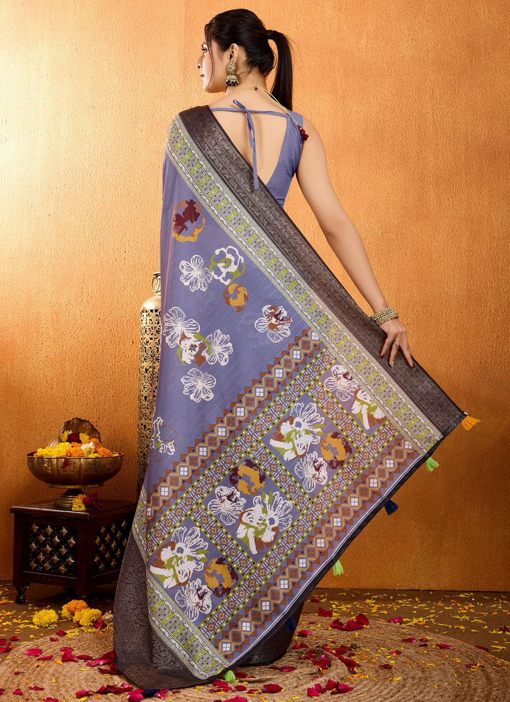 Floral Printed Silk Blue Saree S14016
