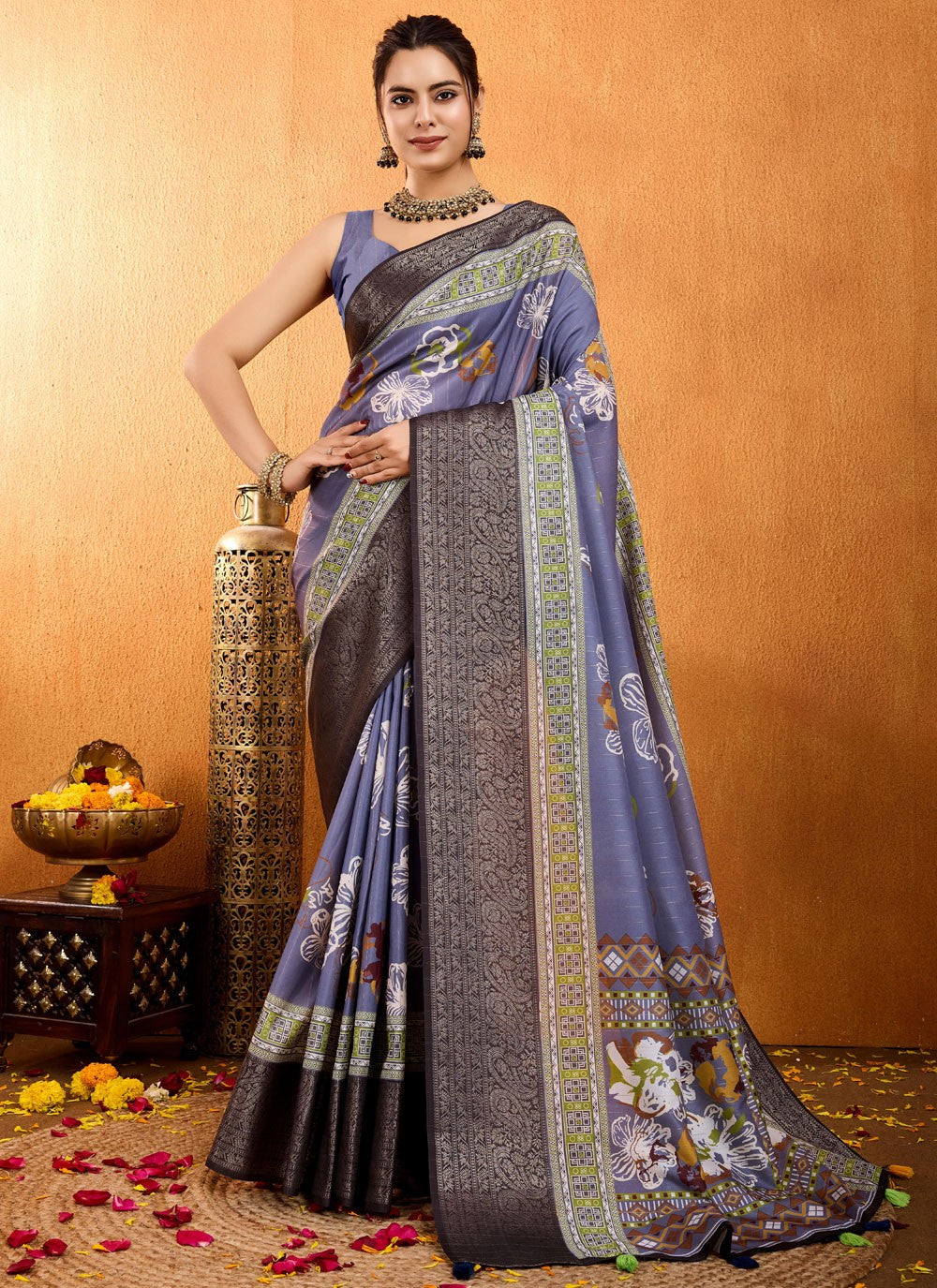 Floral Printed Silk Blue Saree S14016