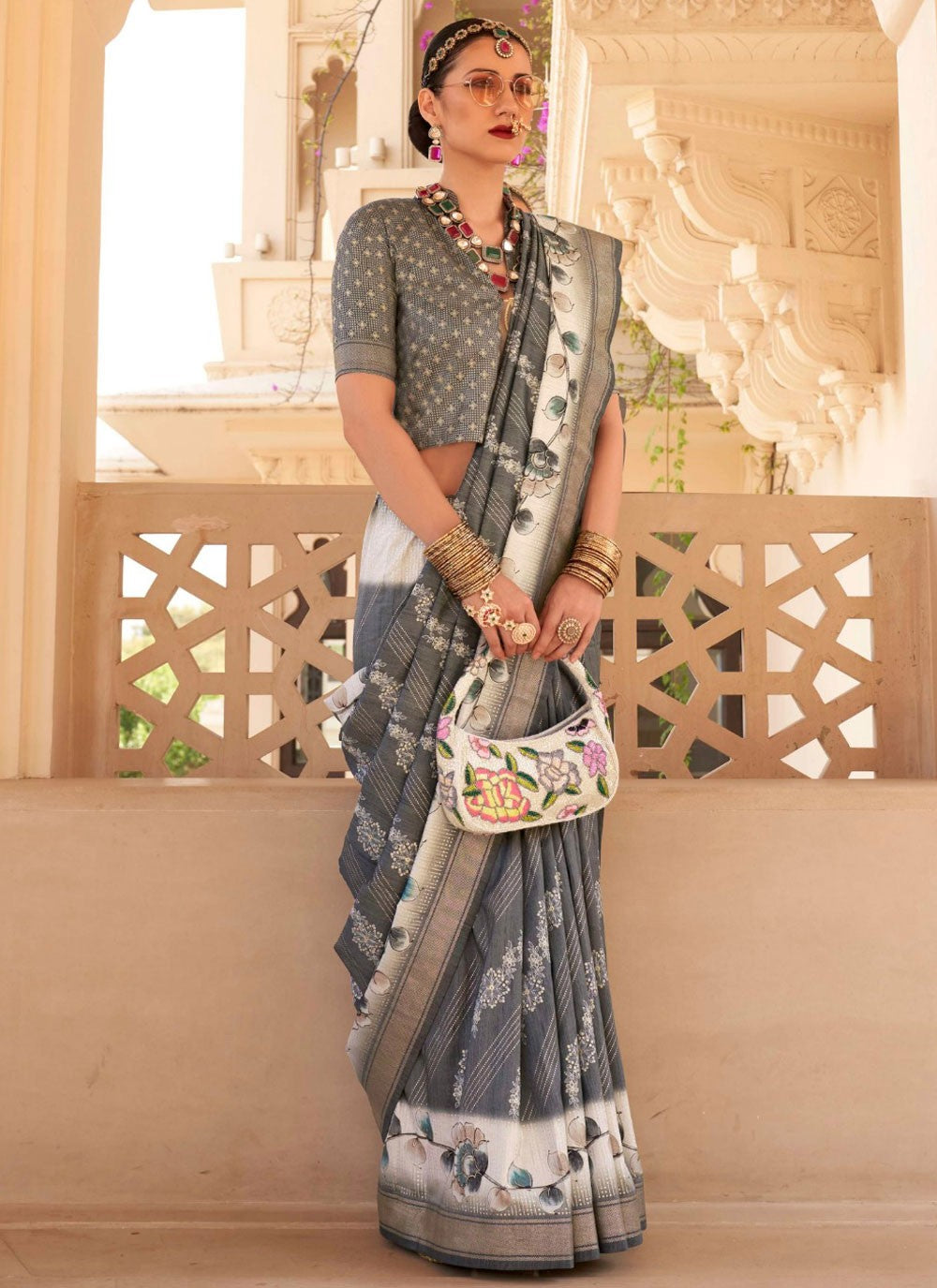 Classic Foliage Prints Silk Saree - S8078