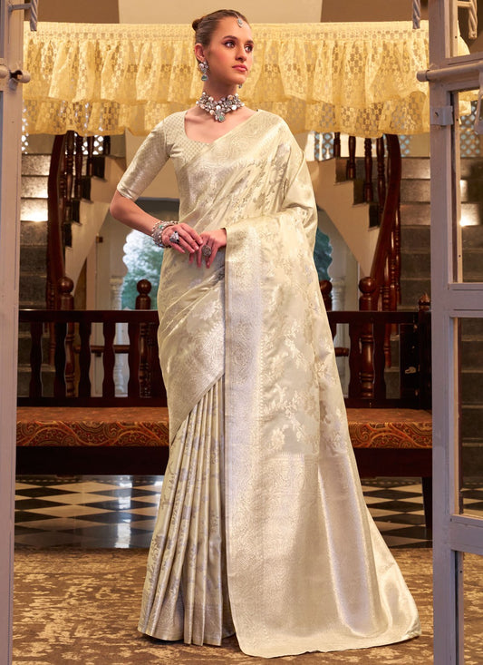 Weaving Zari Satin Silk Cream Designer Saree S15408