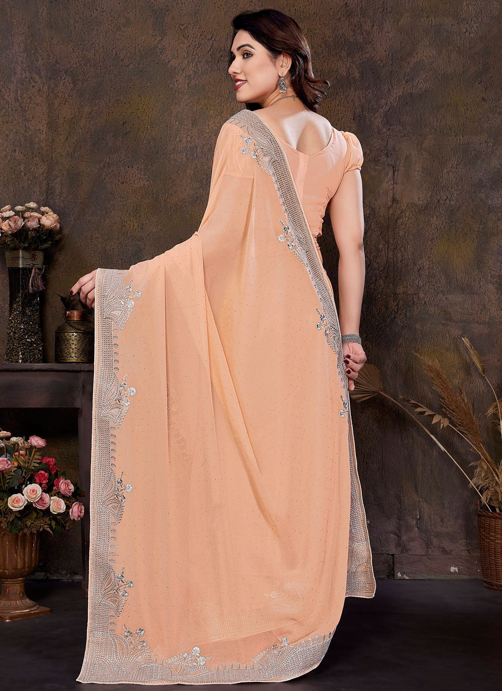 Embroidered Georgette Peach Designer Saree S15019