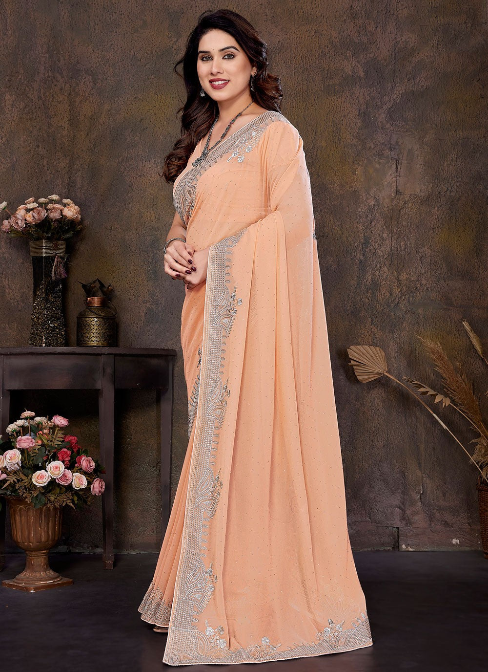 Embroidered Georgette Peach Designer Saree S15019