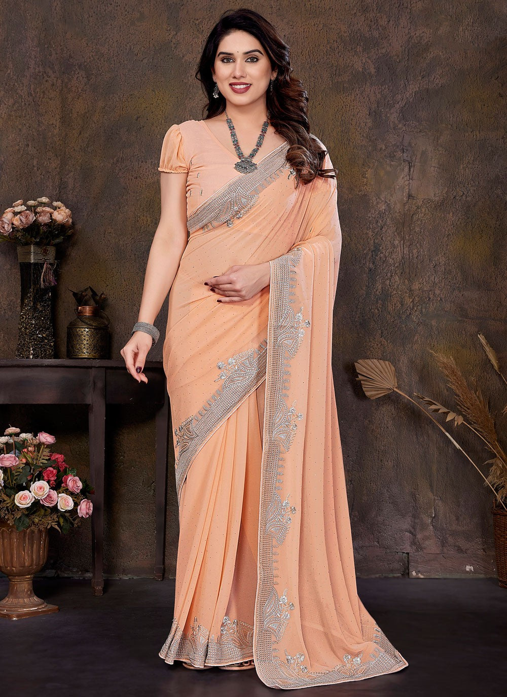 Embroidered Georgette Peach Designer Saree S15019